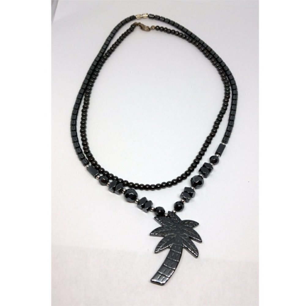 𝅺Bundle lot 2 hematite beaded necklaces and palm tree pendant layered look.